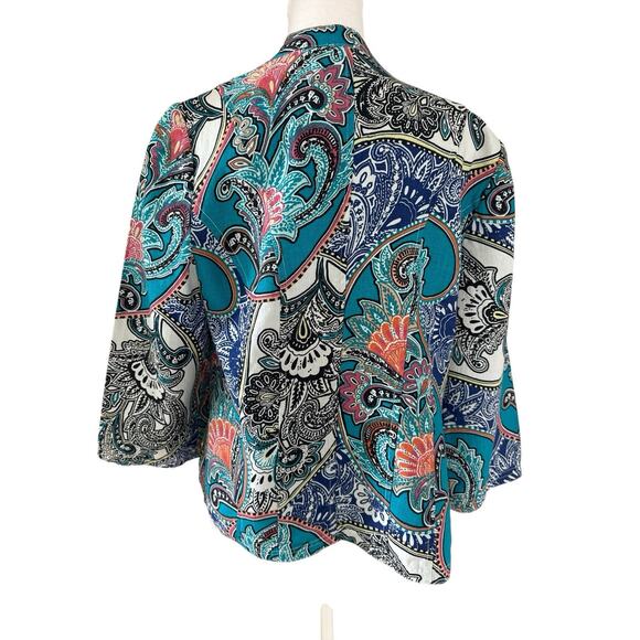 Chicos Paisley Linen Drape Jacket Size 1 US M Open Front 3/4 Sleeves Lagenlook - Picture 3 of 12